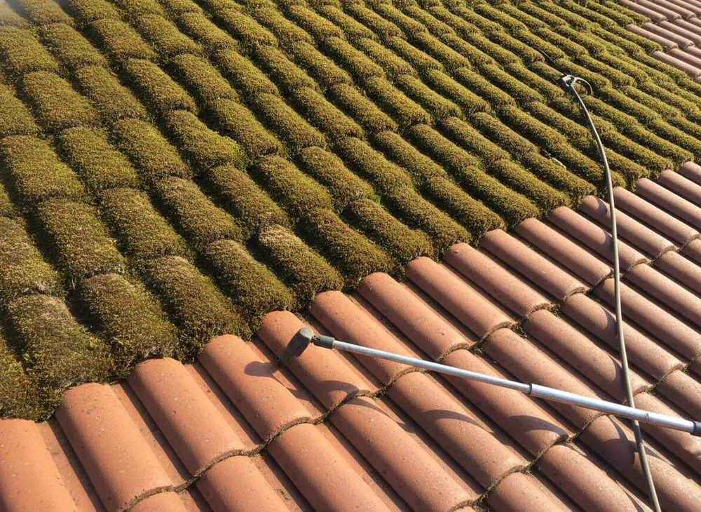 Toiture à moitié démoussée lors d’un nettoyage de toit à Laon